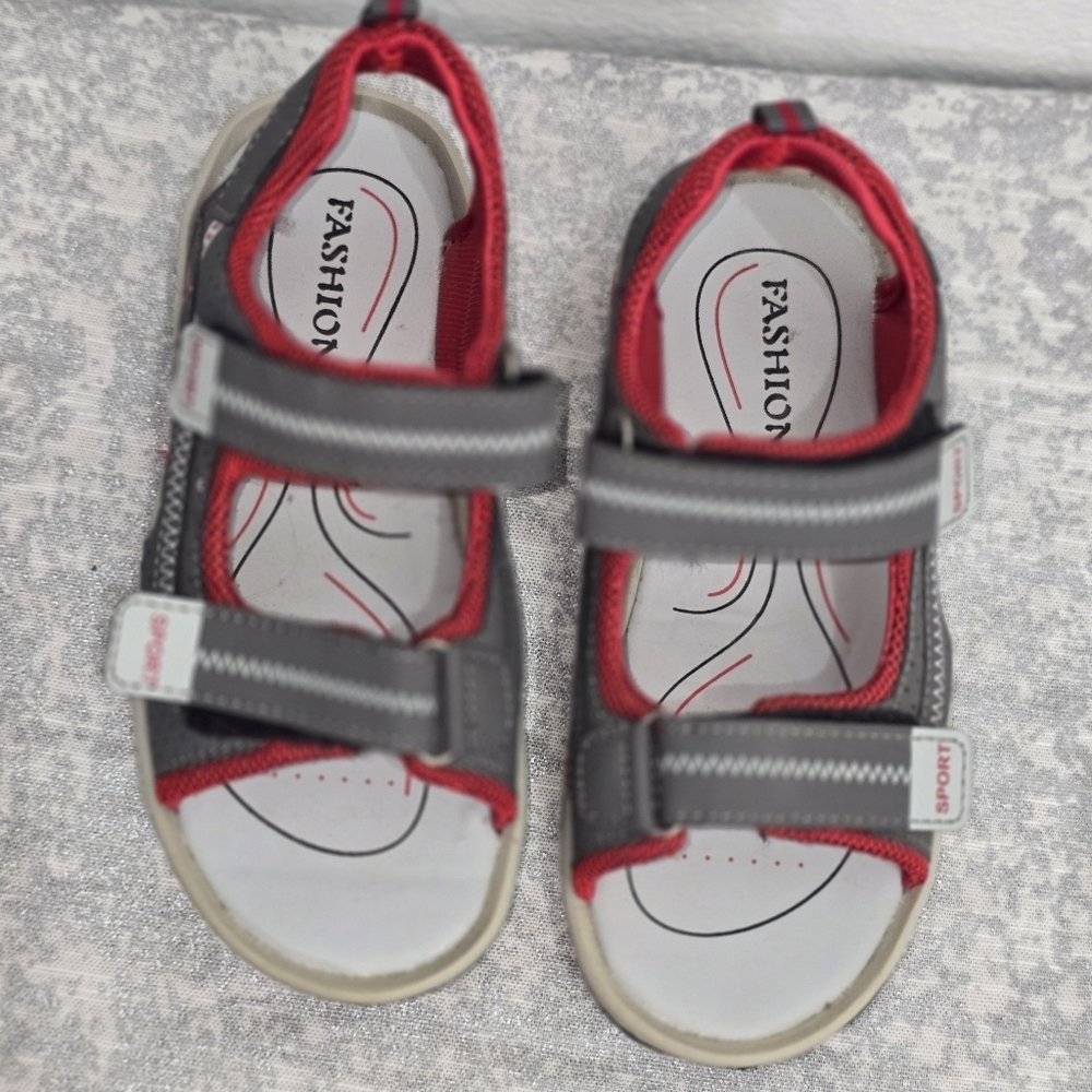 Red and Gray Sandals with Velcro Straps and Cushioned Footbed - Picture 3 of 10